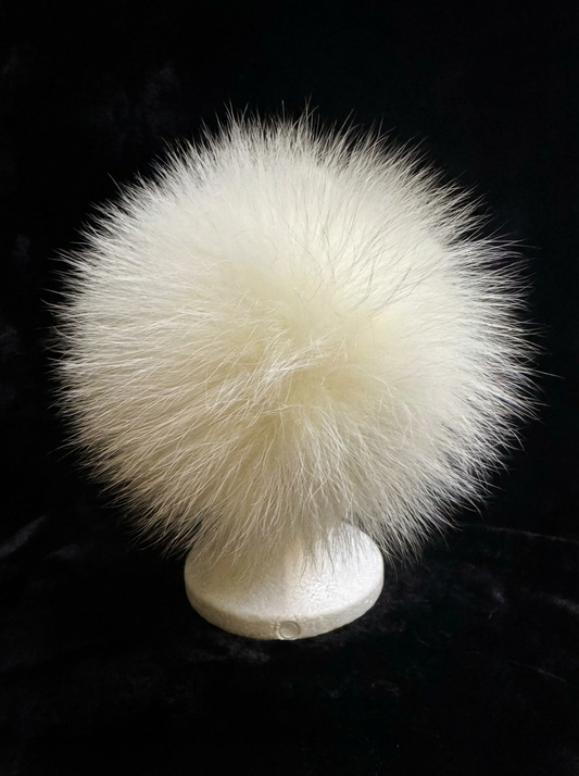 AVU LE VU Slouchy Beanie Hat Real Angora Rabbit Hair, Real Fox Pom Pom White