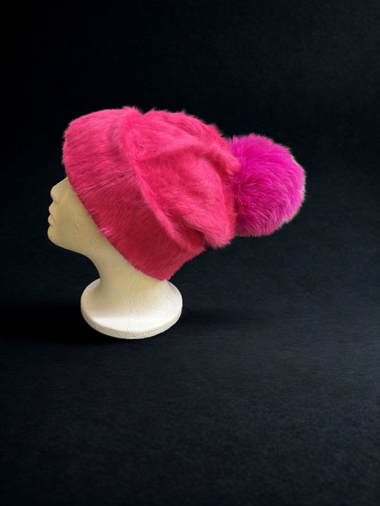 AVU LE VU Slouchy Beanie Hat Real Angora Rabbit Hair, Real Fox Pom Pom Hot Pink
