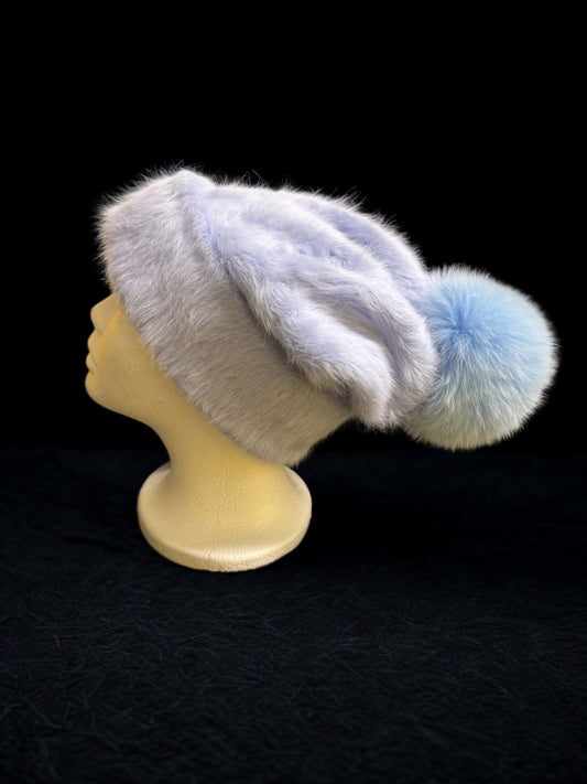 AVU LE VU Slouchy Beanie Hat Real Angora Rabbit Hair, Real Fox Pom Pom Baby Blue