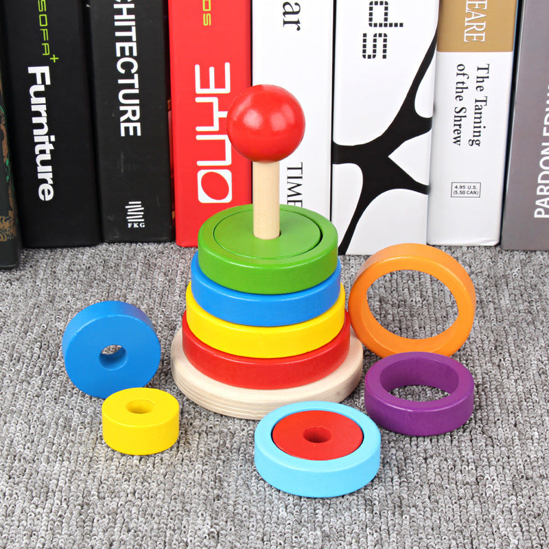 Wooden Double-layer Building Blocks Color Pile Tower Set Column