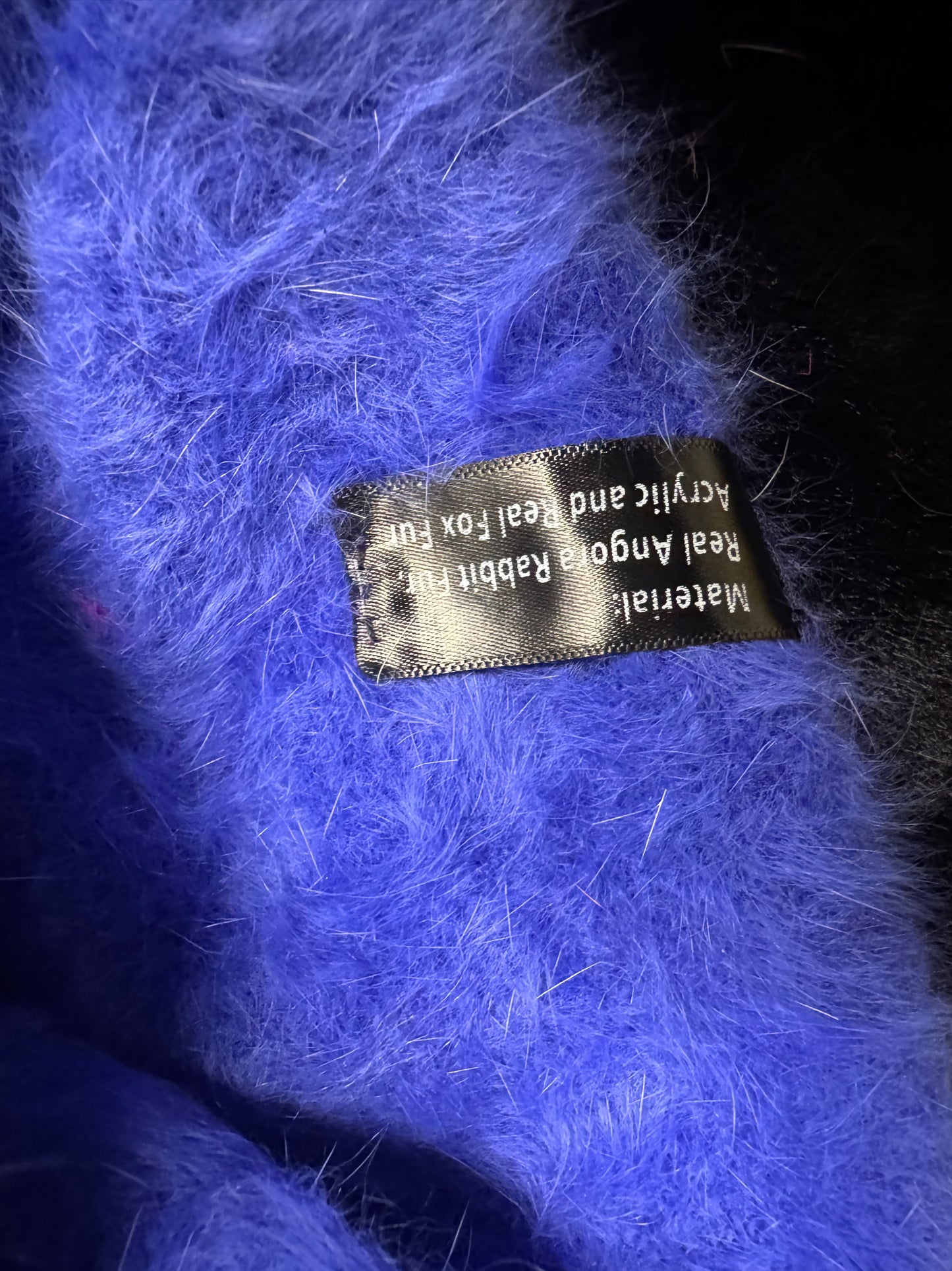 AVU LE VU Slouchy Beanie Hat Real Angora Rabbit Hair, Real Fox Pom Pom Blue