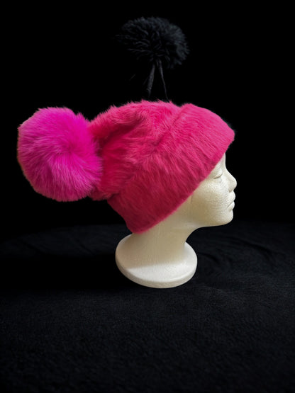 AVU LE VU Slouchy Beanie Hat Real Angora Rabbit Hair, Real Fox Pom Pom Hot Pink