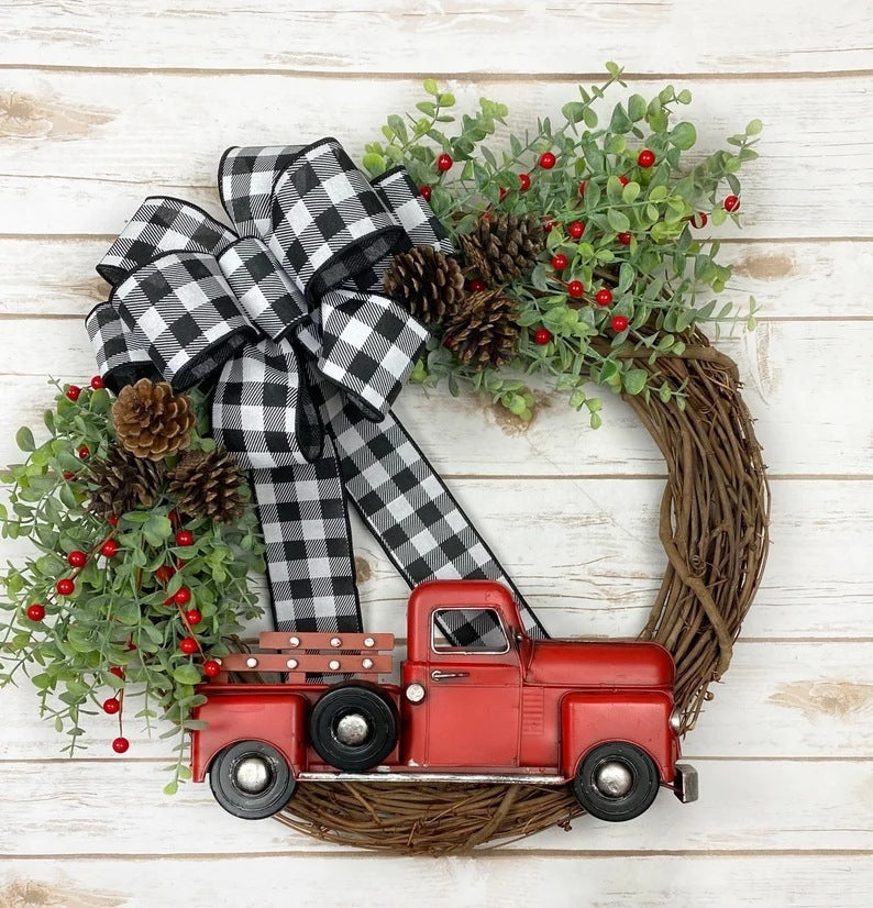 Christmas Truck Eucalyptus With Red Fruit Door Hanging Wreath With Truck