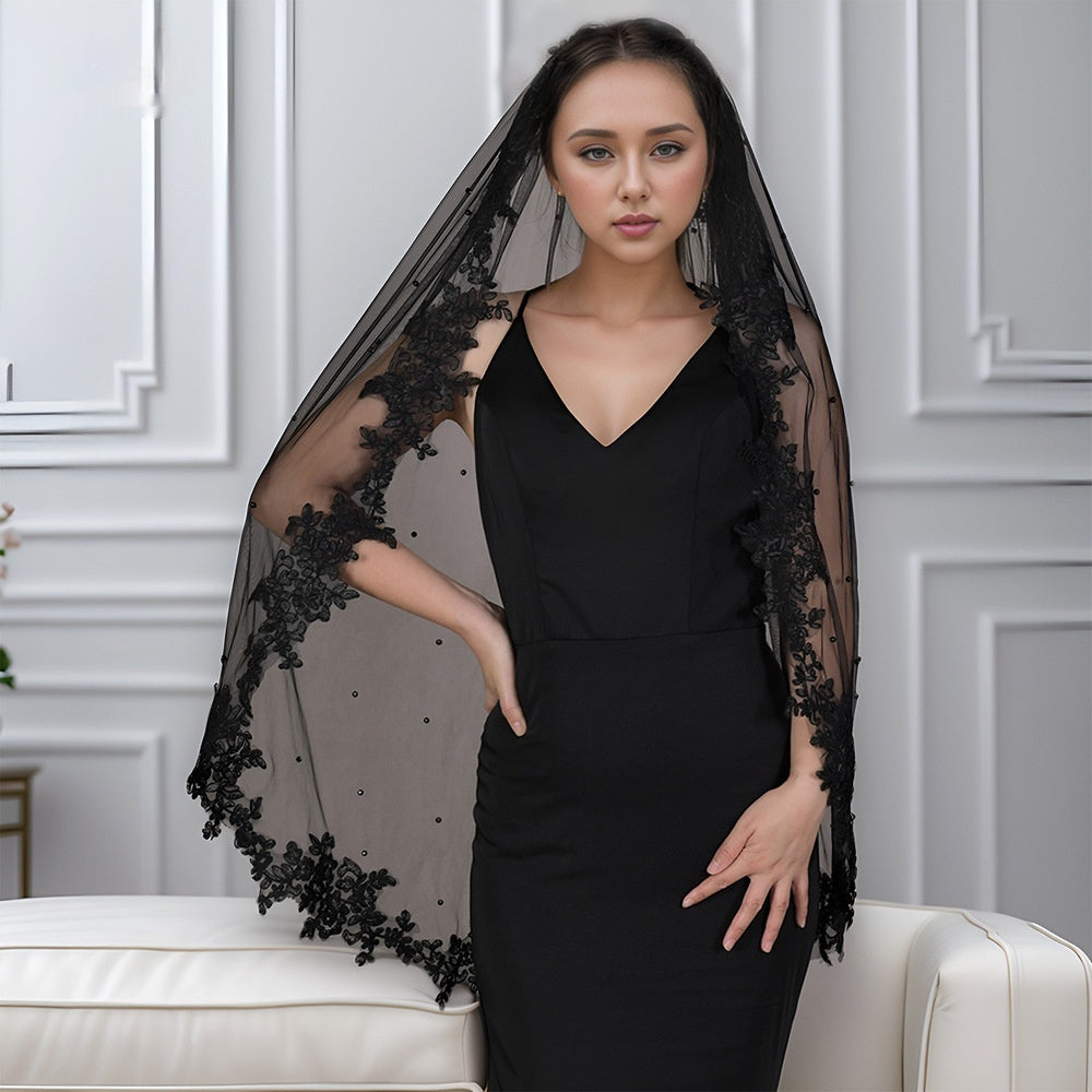 Exquisite Lace Black Veil Pearl Bridal Veil