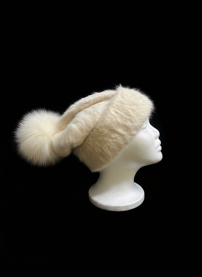 AVU LE VU Slouchy Beanie Hat Real Angora Rabbit Hair, Real Fox Pom Pom Beige