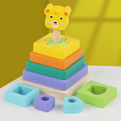 Wooden Double-layer Building Blocks Color Pile Tower Set Column