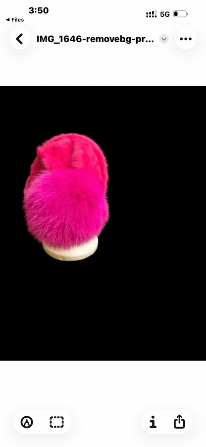 AVU LE VU Slouchy Beanie Hat Real Angora Rabbit Hair, Real Fox Pom Pom Hot Pink