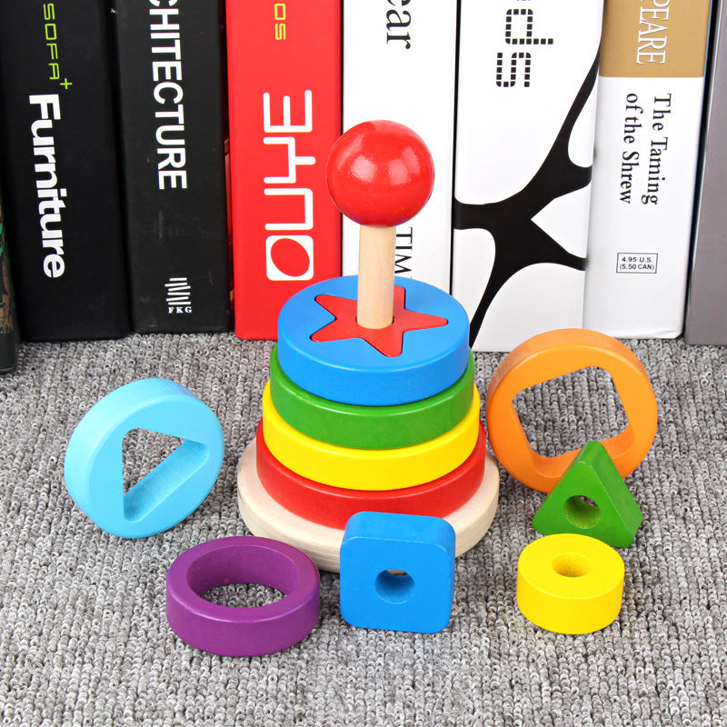 Wooden Double-layer Building Blocks Color Pile Tower Set Column