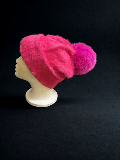 AVU LE VU Slouchy Beanie Hat Real Angora Rabbit Hair, Real Fox Pom Pom Hot Pink