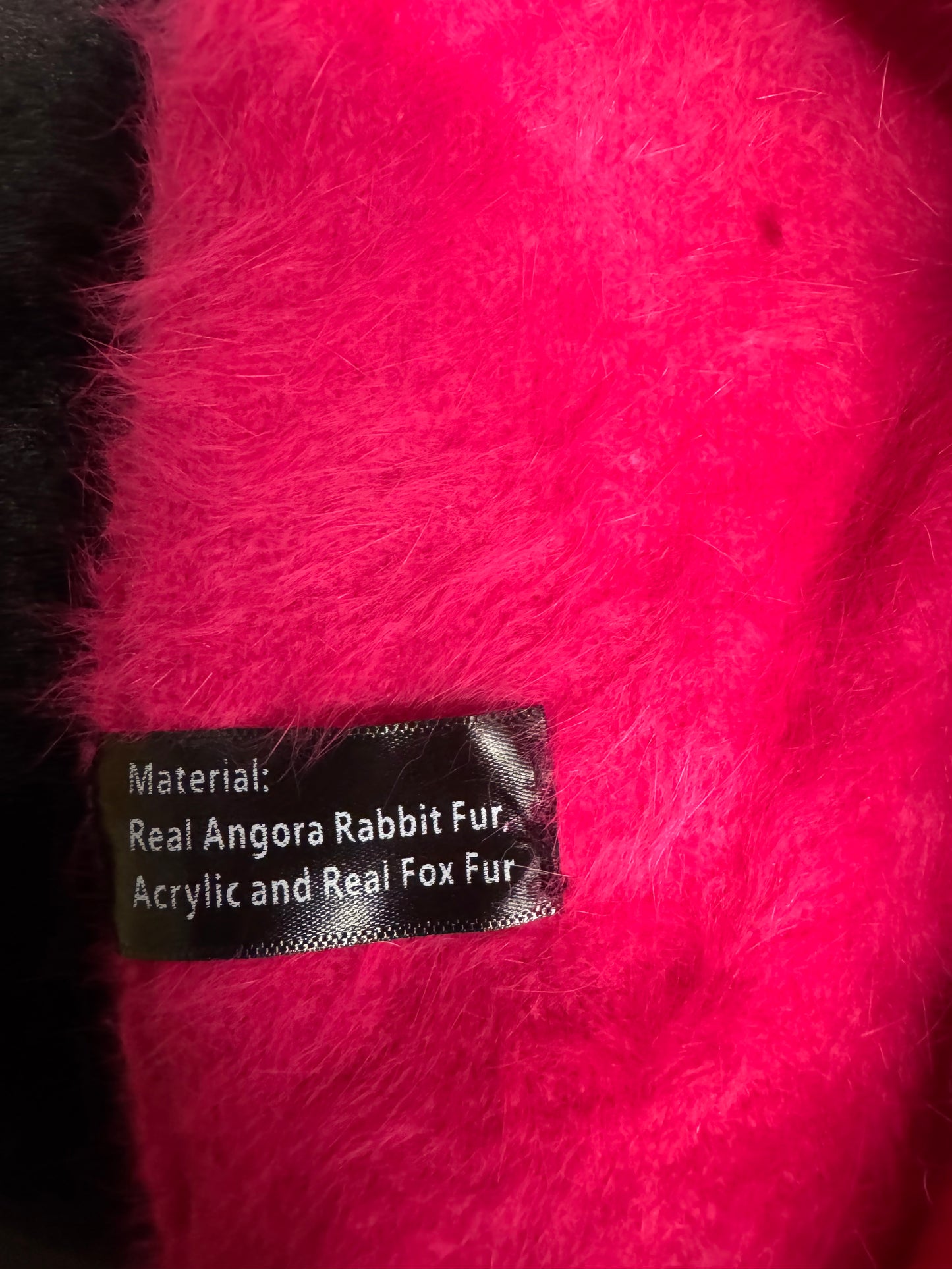 AVU LE VU Slouchy Beanie Hat Real Angora Rabbit Hair, Real Fox Pom Pom Hot Pink