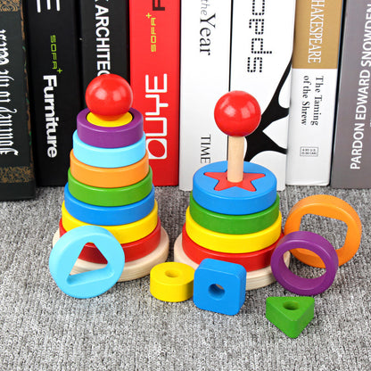 Wooden Double-layer Building Blocks Color Pile Tower Set Column