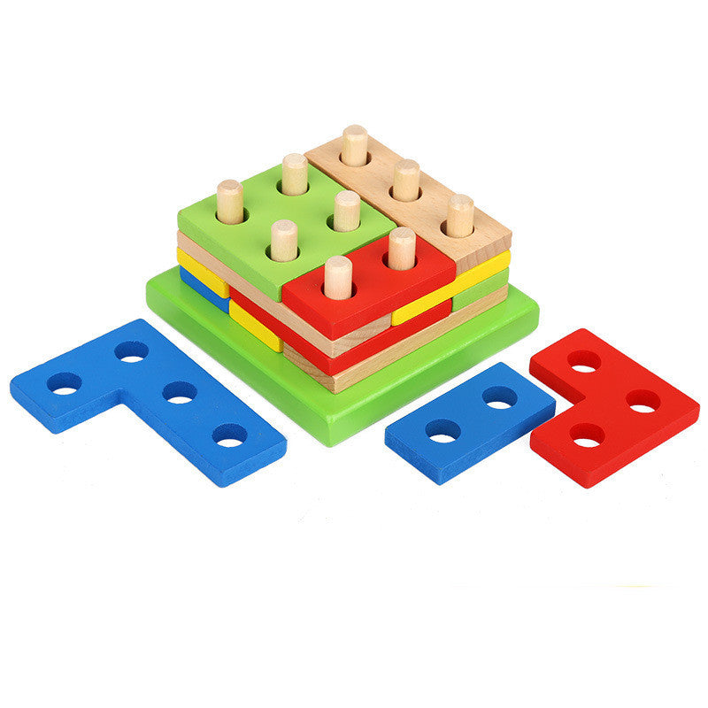 Geometric Shape Matching And Inserting Building Blocks Set Column Wooden Toy