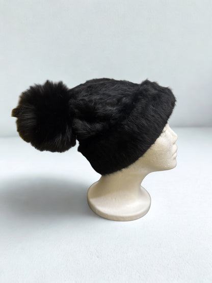 AVU LE VU Slouchy Beanie Hat Real Angora Rabbit Hair, Real Fox Pom Pom Black