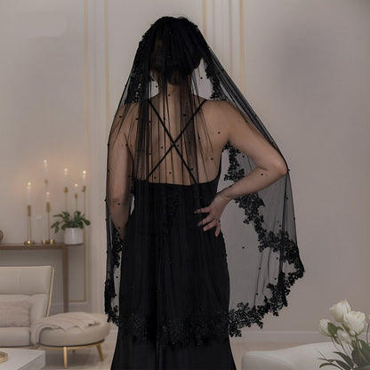 Exquisite Lace Black Veil Pearl Bridal Veil