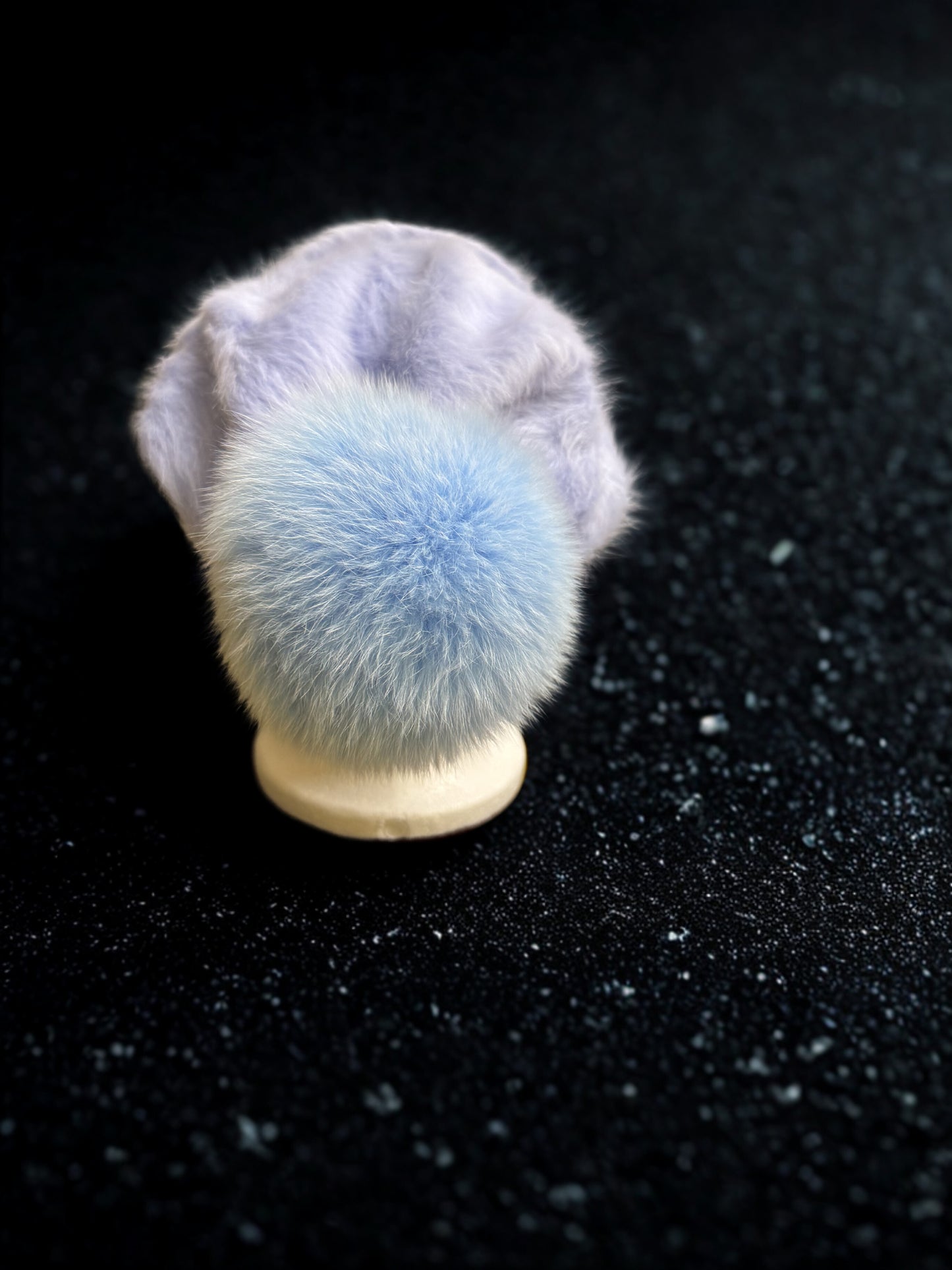 AVU LE VU Slouchy Beanie Hat Real Angora Rabbit Hair, Real Fox Pom Pom Baby Blue