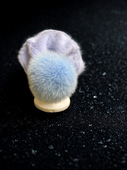 AVU LE VU Slouchy Beanie Hat Real Angora Rabbit Hair, Real Fox Pom Pom Baby Blue