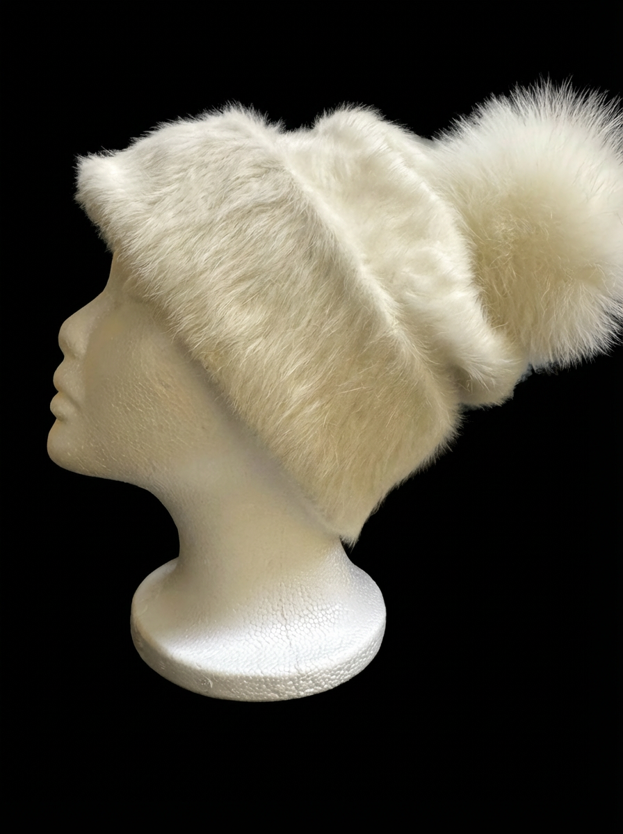AVU LE VU Slouchy Beanie Hat Real Angora Rabbit Hair, Real Fox Pom Pom Beige