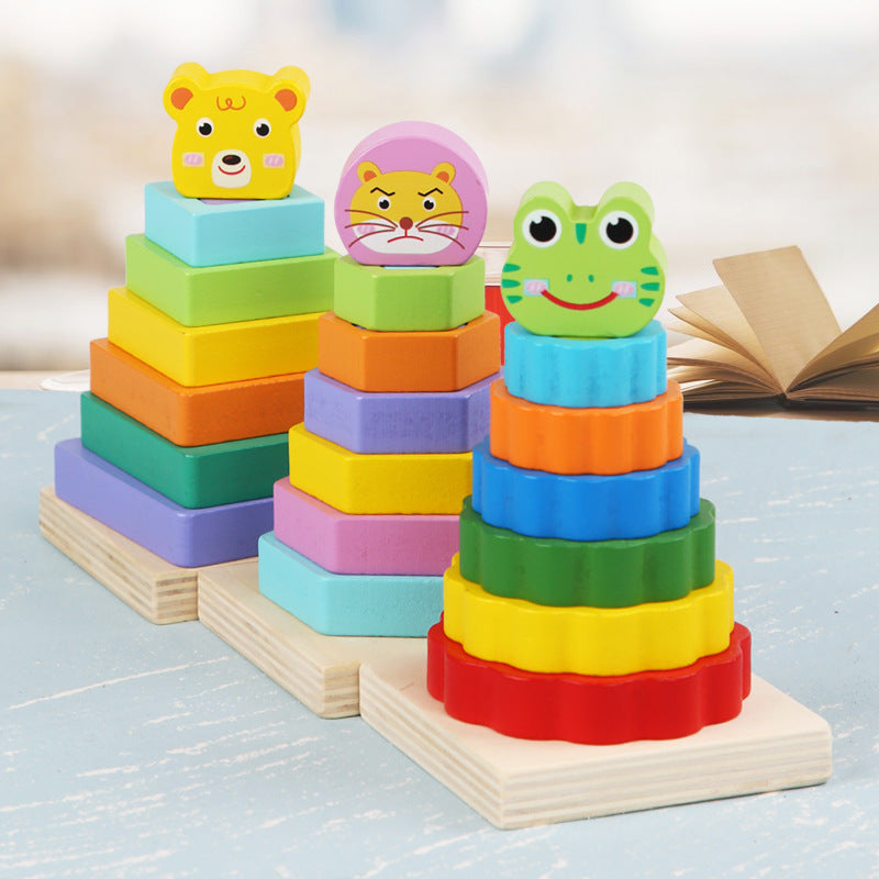 Wooden Double-layer Building Blocks Color Pile Tower Set Column