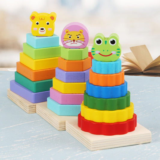 Wooden Double-layer Building Blocks Color Pile Tower Set Column