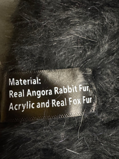 AVU LE VU Slouchy Beanie Hat Real Angora Rabbit Hair, Real Fox Pom Pom Black