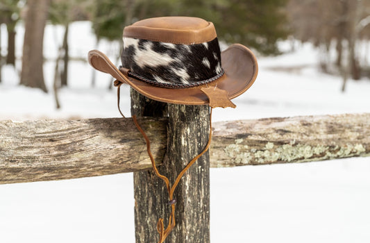 AVU LE VU REAL LEATHER AND COWHIDE FUR BROWN NEW HANDCRAFTED COWBOY HAT UNIQUE