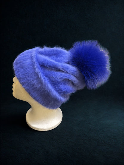 AVU LE VU Slouchy Beanie Hat Real Angora Rabbit Hair, Real Fox Pom Pom Blue