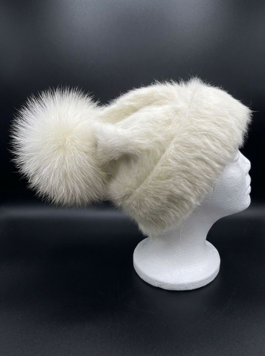 AVU LE VU Slouchy Beanie Hat Real Angora Rabbit Hair, Real Fox Pom Pom White