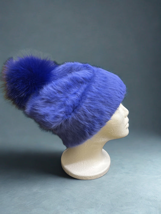 AVU LE VU Slouchy Beanie Hat Real Angora Rabbit Hair, Real Fox Pom Pom Blue