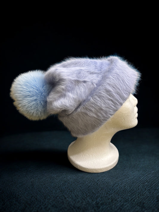 AVU LE VU Slouchy Beanie Hat Real Angora Rabbit Hair, Real Fox Pom Pom Baby Blue