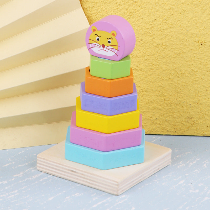 Wooden Double-layer Building Blocks Color Pile Tower Set Column