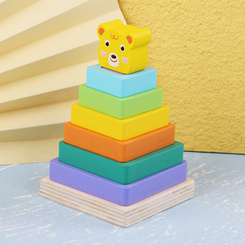 Wooden Double-layer Building Blocks Color Pile Tower Set Column